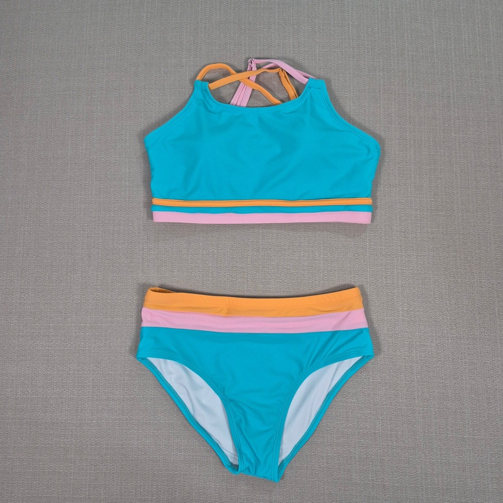 Kids Girls Teal Pink Orange Striped Bikini‎ Set Swimwear Size 12-13Y